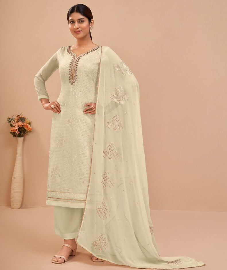 Teal Grey Floral Embroidered Georgette Semi Stitched Suit